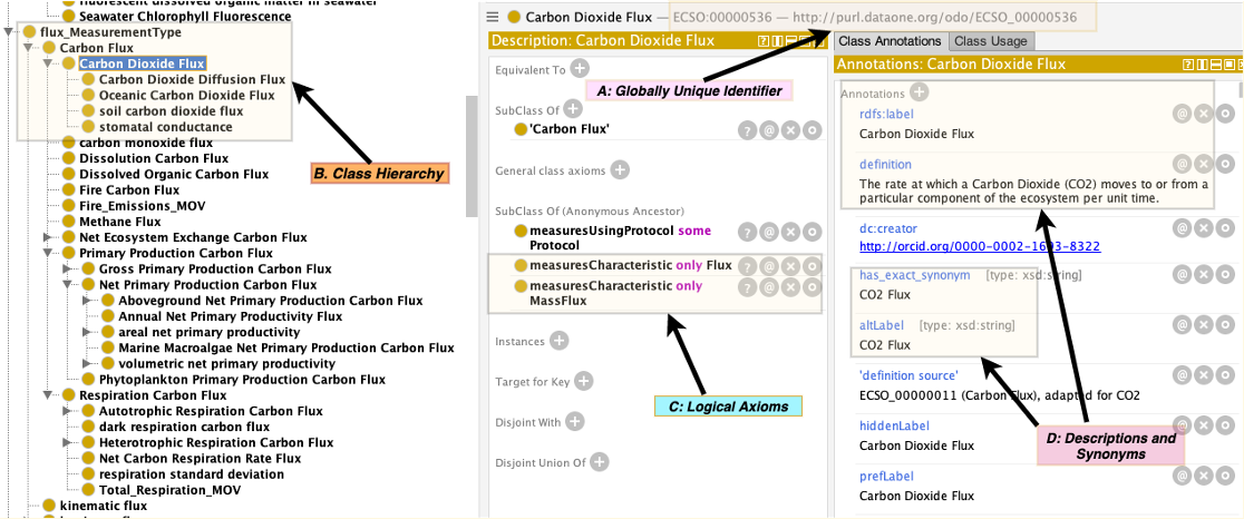 Figure 3. View of “Carbon Dioxide Flux” within the Ecosystems Ontology, ECSO, depicting its A) Globally Unique HTTP Identifier; B) position within class hierarchy of “Carbon Flux”; C) Axioms detailing composition; and D) natural language description, synonyms, and creator of the term in the ontology, etc. (viewed using Protege software).